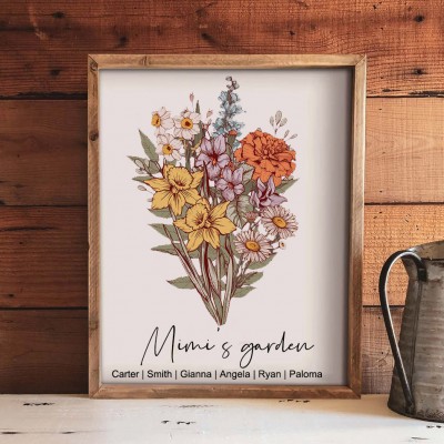 Personalised Grandma's Garden Birth Flower Bouquet Art Print Frame Gifts for Mum Grandma