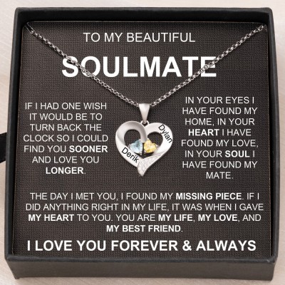 Personalised To My Soulmate Heart Necklace With 2 Names and Birthstones Gifts For Anniversary Valentine's Day