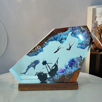 Whale shark and Couple Diver Night Light Epoxy Resin Wood Lamp