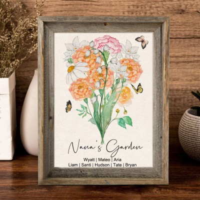 Custom Family Garden Wooden Frame With Birth Flower Bouquet Keepsake Gift for Grandma Mum Mother's Day Gift Ideas