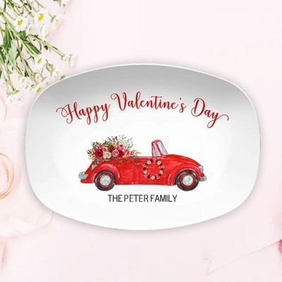 Valentine Personalised Plate Red Vintage Car Floral Platter Valentine's Day Gift for Her