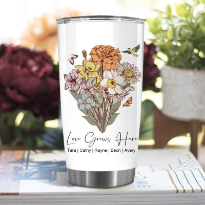 Personalised Grandma's Garden Birth Flower Bouquet Tumbler With Grandkids Names Gift For Grandma Mum Mother's Day Gift