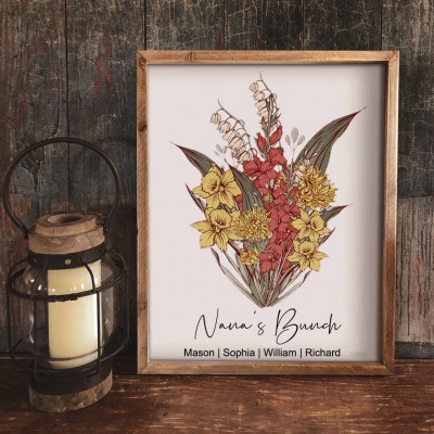 Mum's Garden Birth Flower Bouquet Print Frame Gifts for Mum Grandma Christmas Gift Ideas