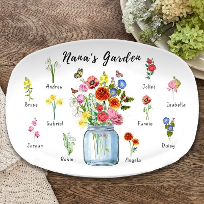 Nana's Garden Custom Birth Month Flower Platter with Kids Names For Christmas Mother's Day Gifts Family Keepsake Gifts