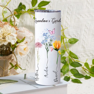 Custom Mum's Garden Birth Flower Tumbler with Kids Names Unique Gifts for Mum Christmas Gifts for Grandma 