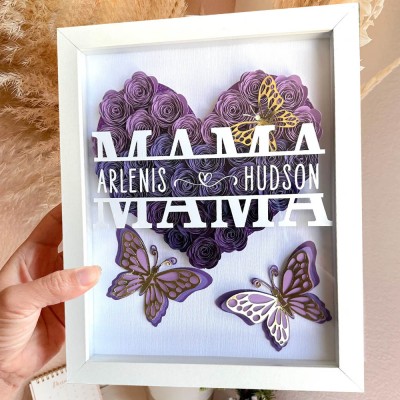 Personalised Mum Heart Shaped Monogram Flower Shadow Box with Kids Names Butterfly Shadow Box Love Gift Ideas for Mum Grandma