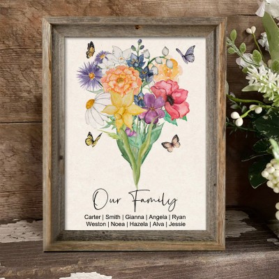 Personalised Mum's Garden Watercolor Birth Flower Bouquet Frame Family Gift Ideas for Grandma Mum Mother's Day Gift