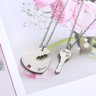 Personalised Engraved Necklace Key To My Heart Name Pendant Set For Couple