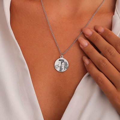 Personalize Women's Round Photo Engraved Tag Necklace