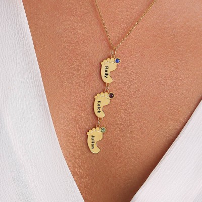 18K Gold Plating Personalised Mum Necklace With Baby Feet 1-10 Pendants