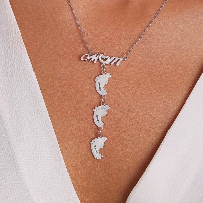 Silver Personalised Mom Necklace With Baby Feet 1-10 Pendants