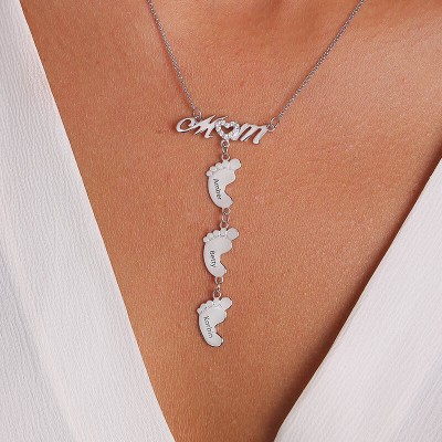 Silver Personalised Mum Necklace With Baby Feet 1-10 Pendants