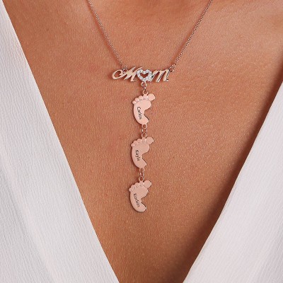 Personalised Rose Gold Plating Mom Necklace With Baby Feet 1-10 Pendants