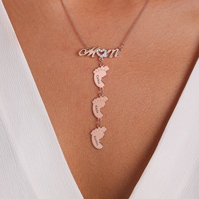 Personalised Rose Gold Plating Mum Necklace With Baby Feet 1-10 Pendants