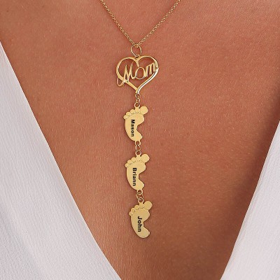 18K Gold Plating Personalised Mum Necklace With Baby Feet 1-10 Pendants