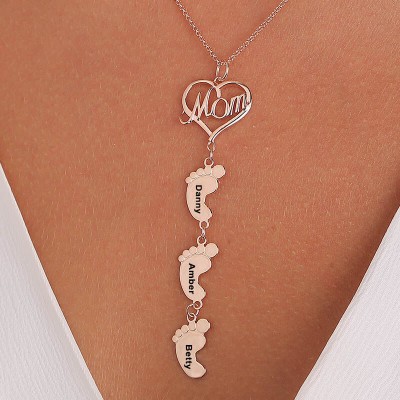 18K Rose Gold Plating Personalised Mum Necklace With Baby Feet 1-10 Pendants