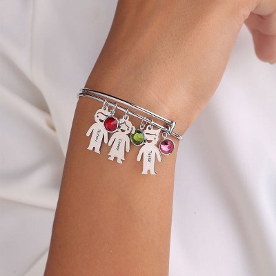 Personalised Bangle Bracelet With 1-10 Birthstones Kids Charms