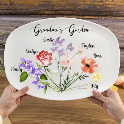 Custom Family Birth Month Flower Bouquet Platter With Family Names Gift for Grandma Mum