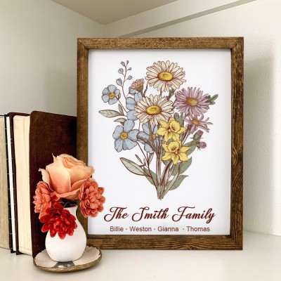 Custom Mum's Garden Bouquet Frame With Art Print Birth Month Flowers And Kids Names Mother's Day Gift