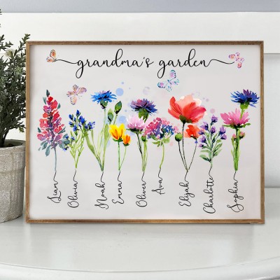 Personalised Grandma's Garden Birth Month Flower Print Frame with Kids Name Gift for Grandma Mum