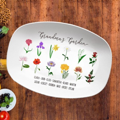 Personalised Family Birth Month Flowers Platter with Grandkids Names Great Gift for Mum, Grandma