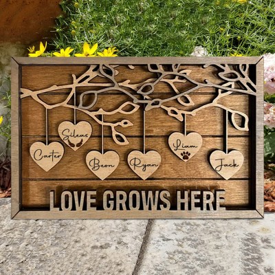 Personalised Love Grows Here Wood Family Tree Sign with Kids Names Family Gift Ideas For Grandma Mum