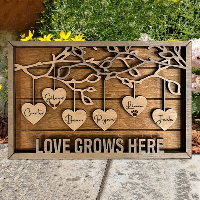 Personalised Love Grows Here Wood Family Tree Sign with Kids Names Family Home Decor Gift Ideas for Grandma Mum