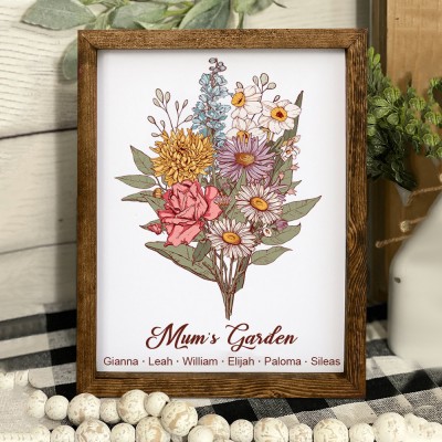Custom Family's Garden Art Print Bouquet Frame With Birth Month Flowers And Grandkids Names Mother's Day Gift