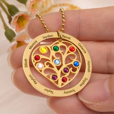 18k Gold Plating Custom Heart Shaped Tree of Life Family Necklace With 1-10 Kids Names And Birthstones Unique Birthday Gift For Mum Grandma Perfect Mother's Day Gift Ideas