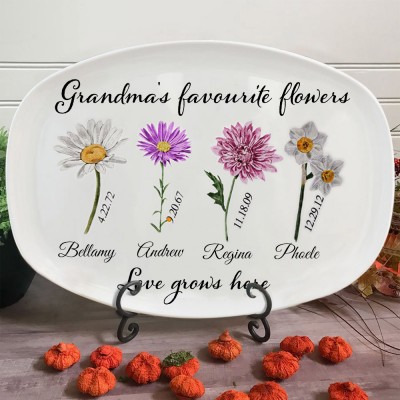 Personalised Grandma's Favorite Flowers Plate Birth Month Flower Platter with Kids Names Gift for Grandma Mum
