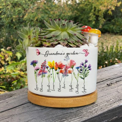 Personalised Nana's Garden Birth Flower Mini Succulent Plant Pot With Kids Names Birthday Gifts For Mum Grandma