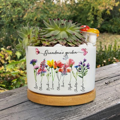 Personalised Nana's Garden Birth Flower Mini Succulent Plant Pot with Kids Names Gift Ideas for Mum Grandma Birthday Gifts
