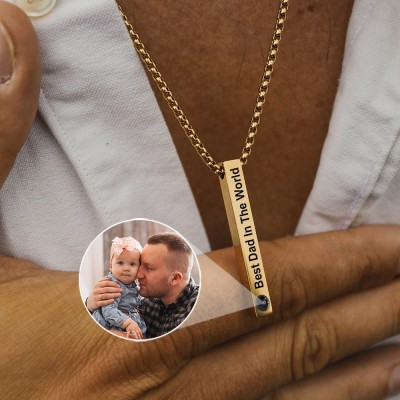 Personalised Men Bar Engraved Necklace With Photo Projection Inside Unique Birthday Gift For Husband Father's Day Gift For Dad