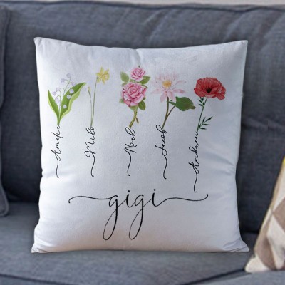 Personalised Birth Month Flower Gigi Pillow with Kids Names Mother's Day Gift
