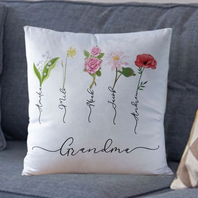 Personalised Birth Month Flower Grandma Pillow with Kids Names Mother's Day Gift