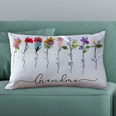 Personalised Birth Month Flower Grandma Pillow with Kids Names Mother's Day Gift