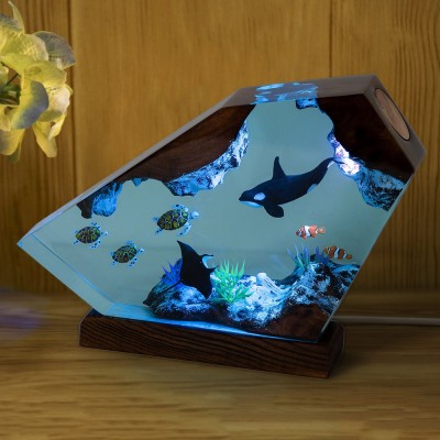 Killer Whales and Turtle Night Light Resin Ocean Wood Lamp