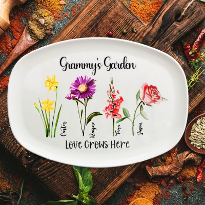 Custom Grammy's Garden Birth Month Flower Platter With Kids Names Gift for Grammy Mum