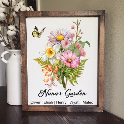 Personalised Grandma's Garden Birth Flower Bouquet Wooden Frame Family Gift For Mum Grandma Mother's Day Gift