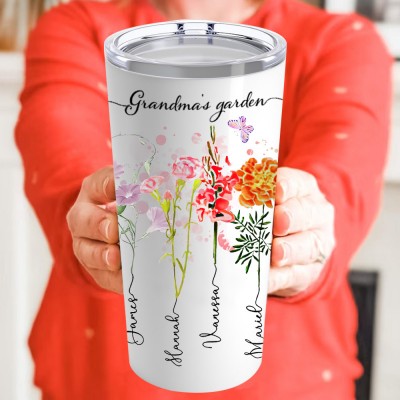 Personalised Nana's Garden Birth Month Flower Tumbler with Names Gift Ideas for Nana Grandma Christmas GIfts for Mum