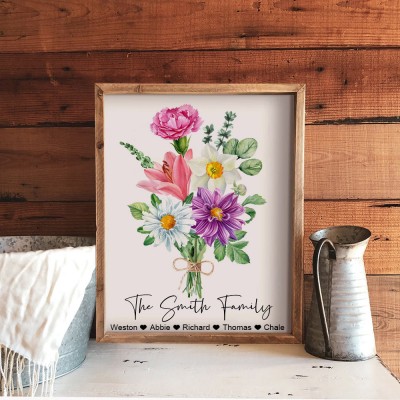 Personalised Grandma's Garden Birth Flower Bouquet Names Wood Sign Art Print Gifts for Grandma Mum Wife Her