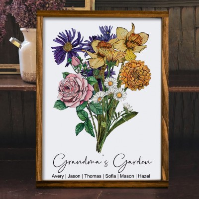 Custom Family Art Print Birth Flower Bouquet Frame With Names Heartful Gift for Mum Grandma Mother's Day Gift