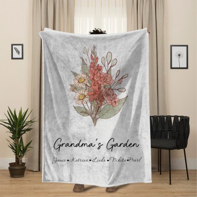 Custom Grandma's Garden Birth Flower Bouquet Blanket With Grandkids Names Gift Ideas for Grandma Mum Mother's Day Gift