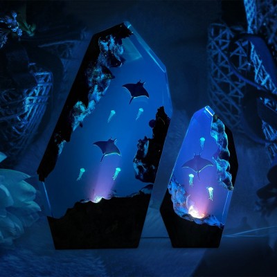 Manta Rays And Jellyfish Resin Night Light Blue Ocean Lamp Miniature