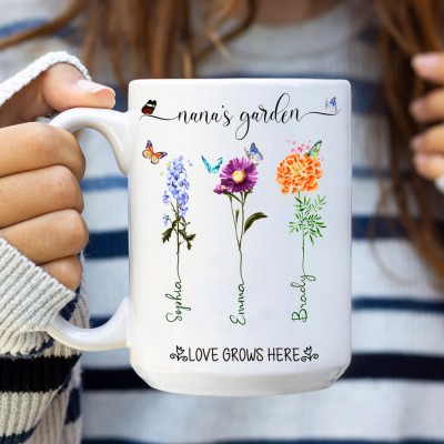 Personalised Nana's Garden Birth Flower Mug Engraved with Kids Names Unique Gifts for Grandma Mum