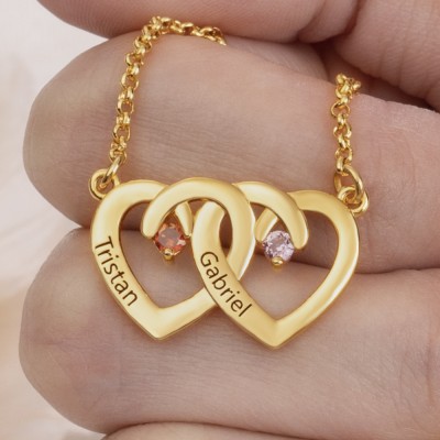 Personalised Double Heart Shaped Couple Necklace With Birthstones And Names Unique Gift For Girlfriend  Birthday Gift For Best Friend Valentine's Day Gift Ideas