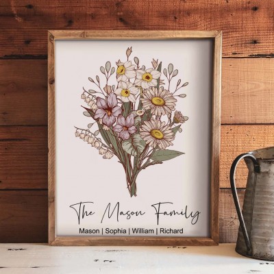 Personalised Family Birth Flower Bouquet Frame with Kids Names Gift Ideas For Her Mum Grandma