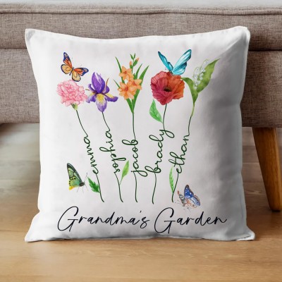 Personalised Birth Flower Throw Pillow Grandma's Garden Decorative Pillow Grandparents Gift from Grandkids Love Gifts for Mum