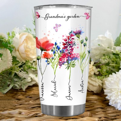 Personalised Grandma's Garden Birth Month Flower Tumbler With Grandkids Names Unique Christmas Gift for Grandma Mum