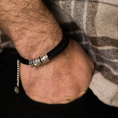Personalised Men Silver Engraved Beads Genuine Leather Bracelet With Kids Names Perfect Gifts For Dad Unique Father's Day Gift Ideas